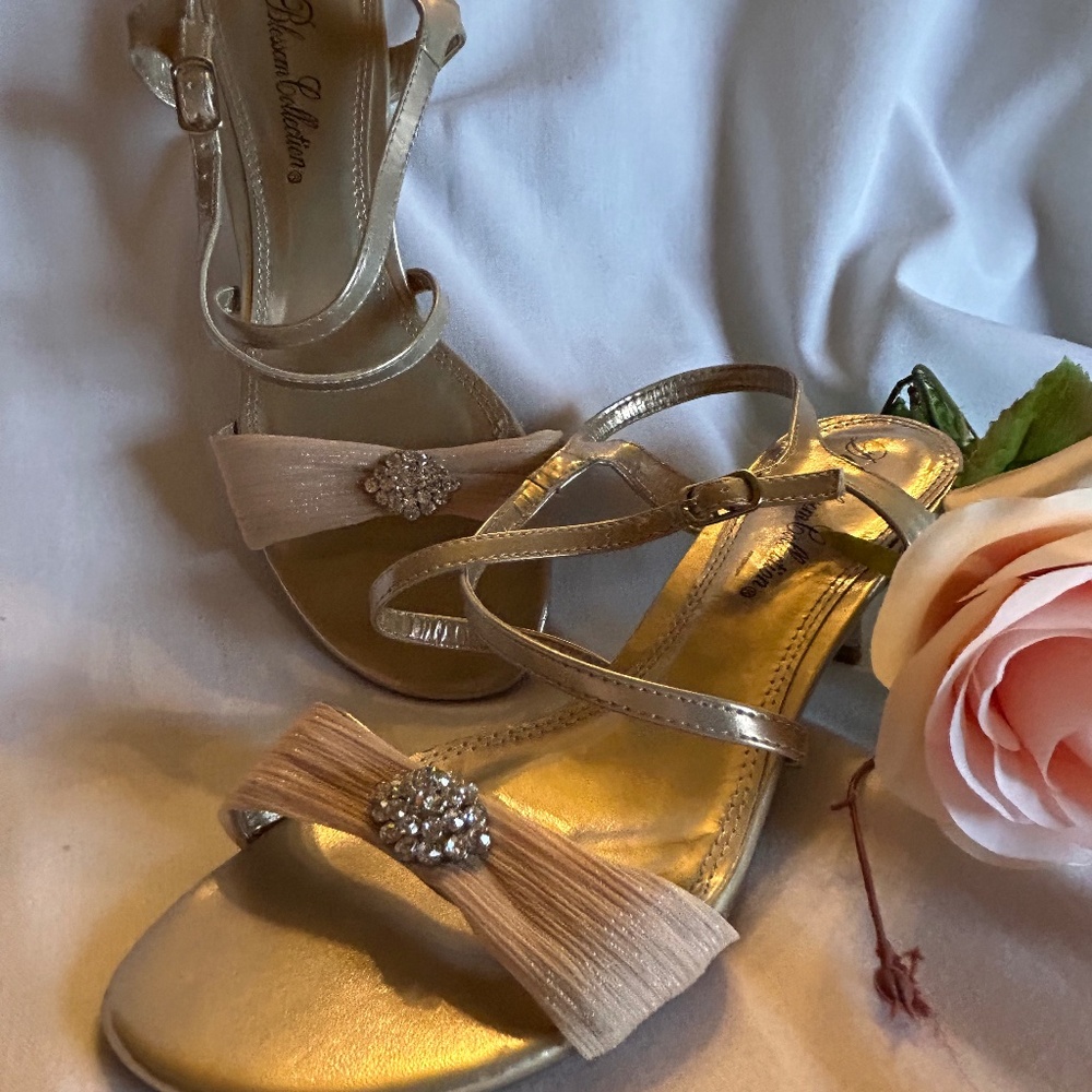 Evening platinum gold Sandals low heel, size 7  Worn once for a wedding